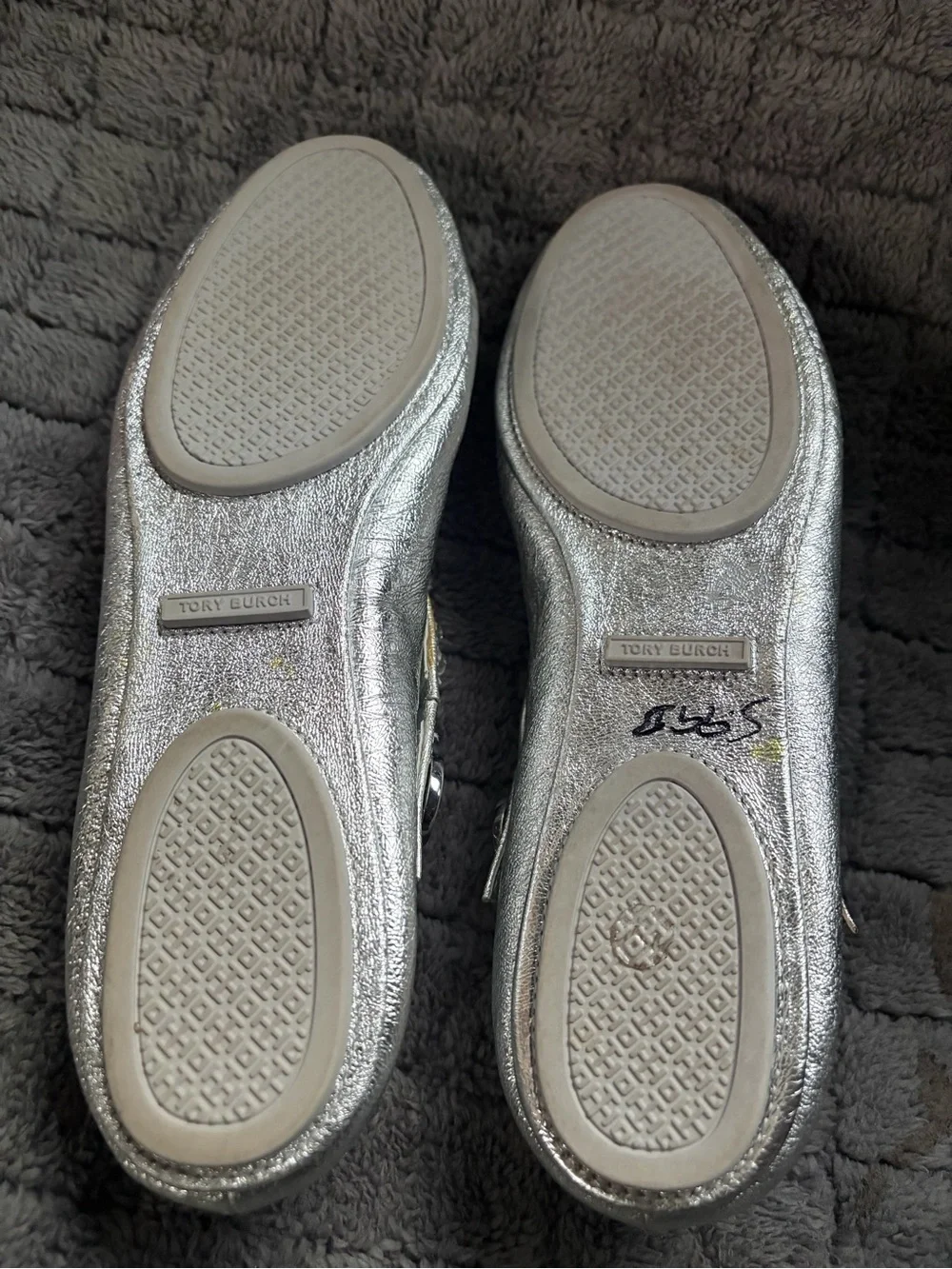 Tory Burch Silver Metallic Jeweled Ballet Flats
